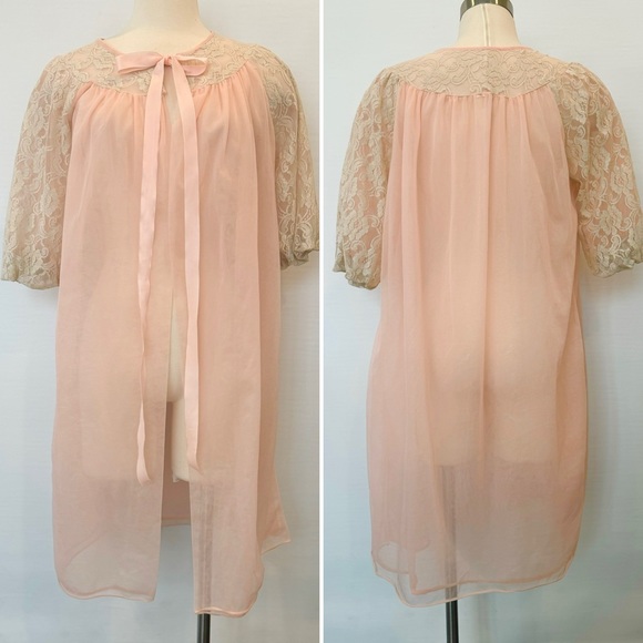 Vintage 60s Sheer Chiffon Peach Ivory Lace Dressing Gown MCM Peignoir Robe🔥 - Picture 11 of 11